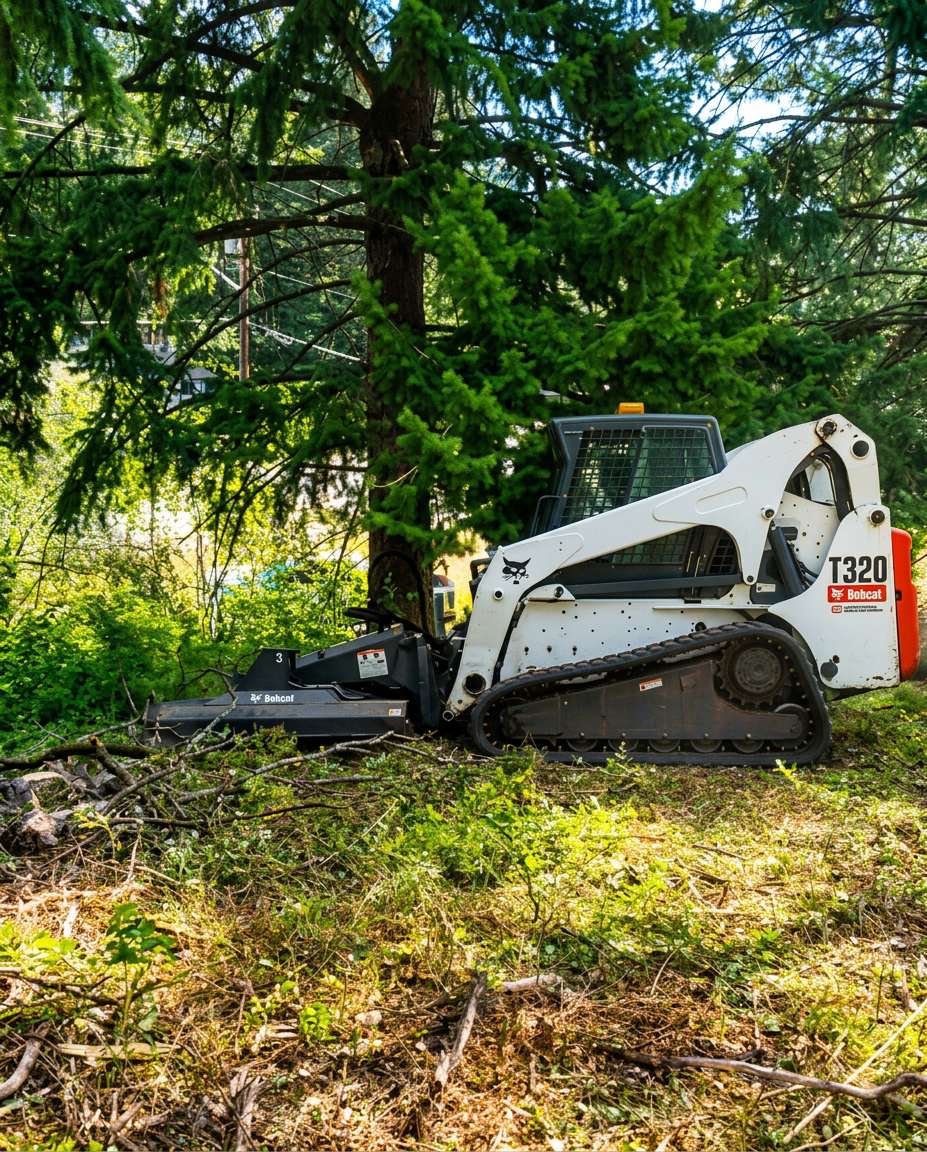Bobcat T320 forestry mulcher clearing trees on an Okanagan property